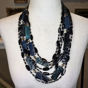 Statement Necklace Multi-Strand Blue Black Sea Shell Beaded Layered Chunky